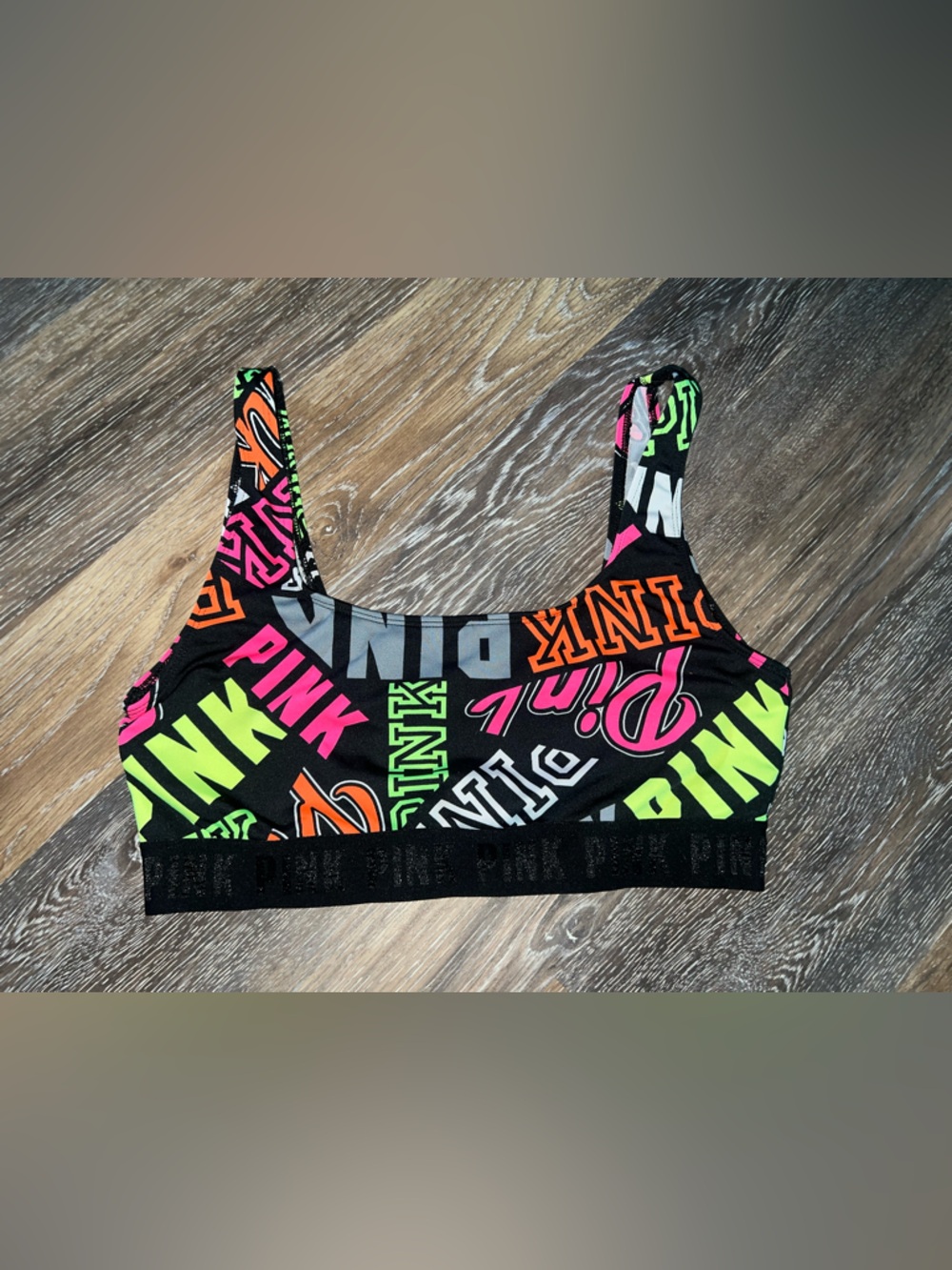 PINK Logo Sports Bralette - Neon Graphic Print